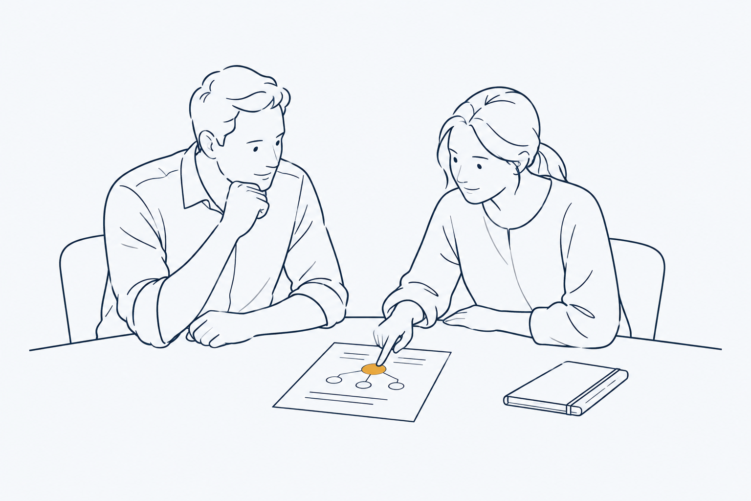 De ontwerper en collega testen samen een eenvoudige werkinstructie met een amberkleurig accent.