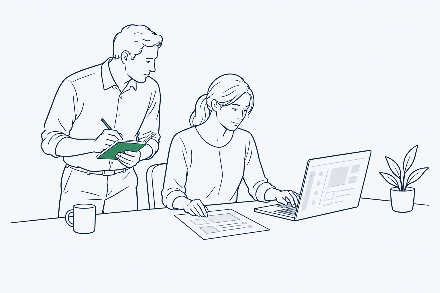 De collega gebruikt het hulpmiddel terwijl de ontwerper aantekeningen maakt over het gebruik.
